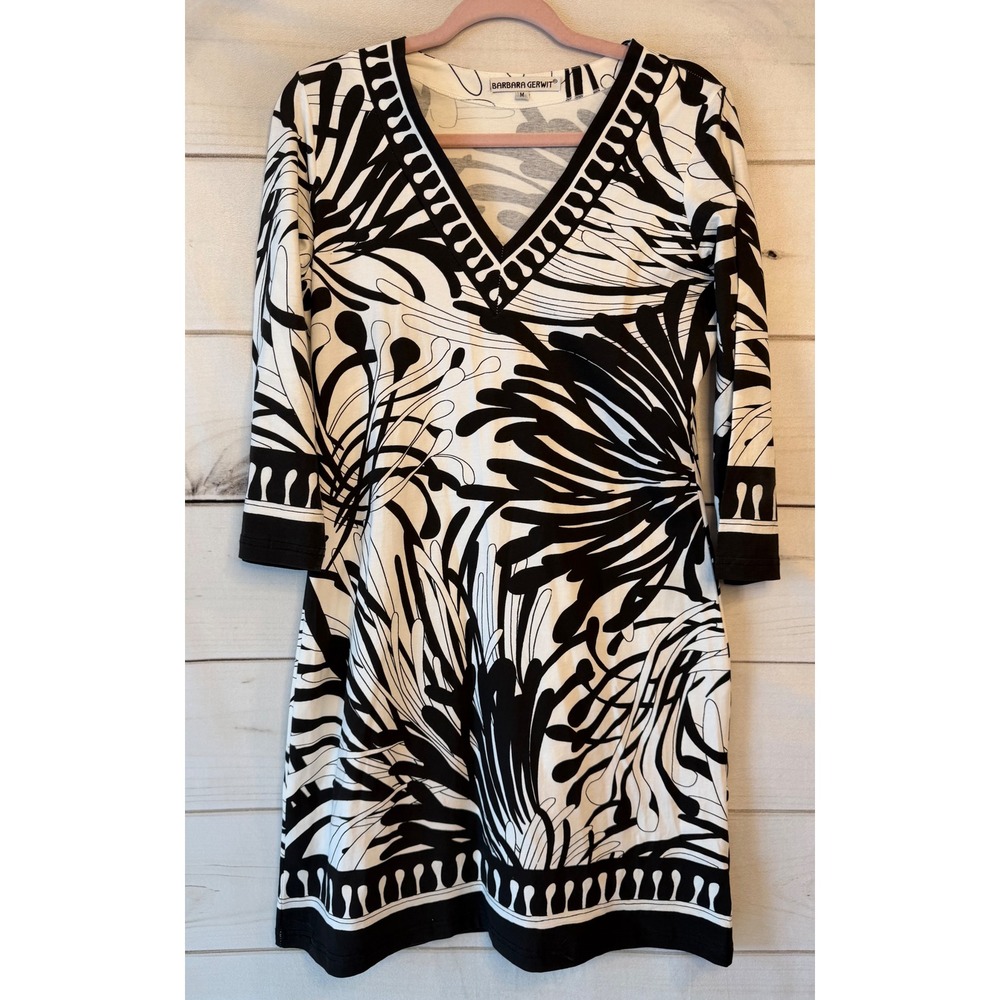 Barbara Gerwit Black White Abstract Botanical V-Neck Shift Dress Medium